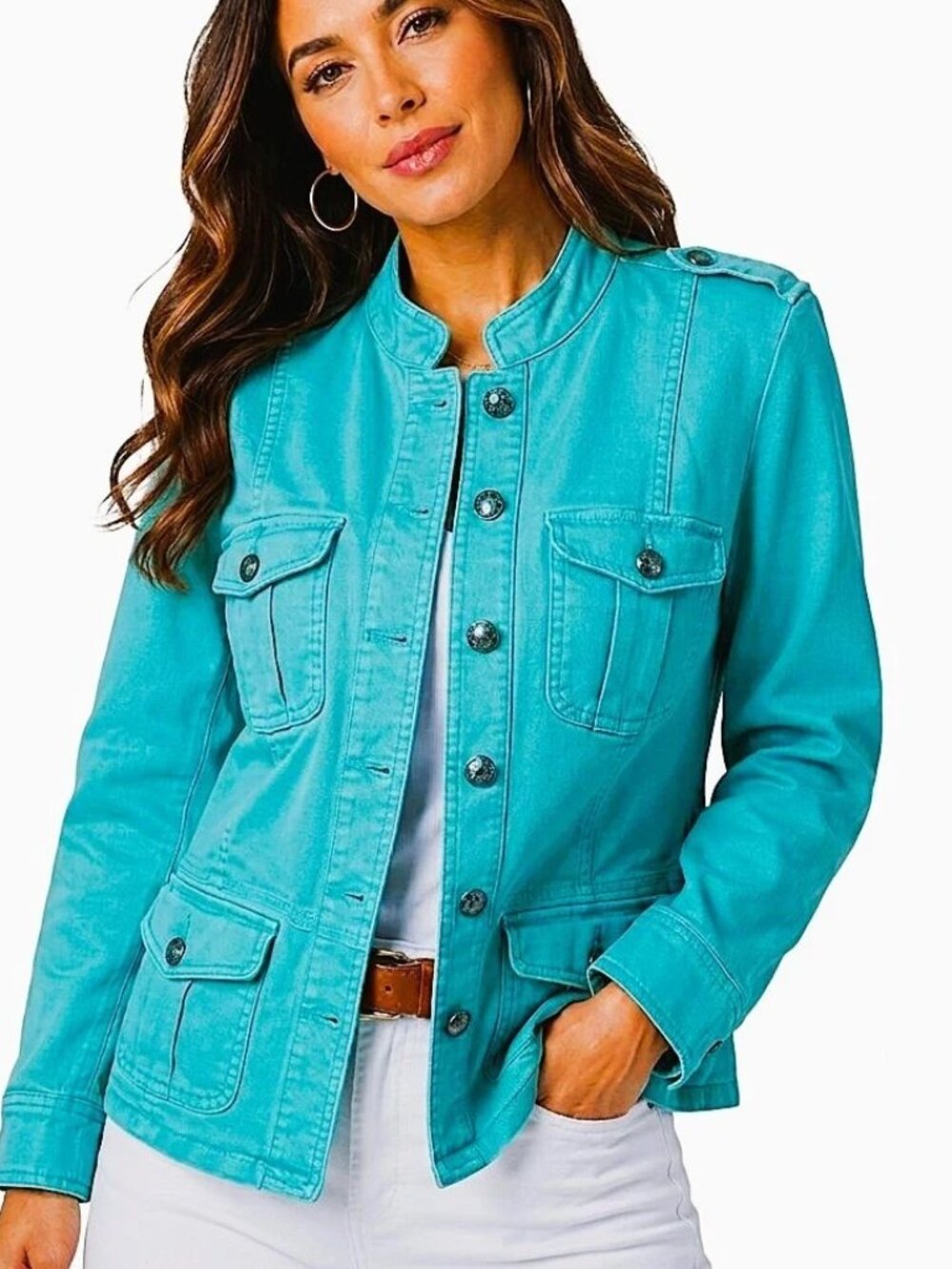 Talbots Teal Military Band Jacket Garment Dyed Size MP Pockets Cotton Blend EUC